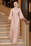 Powder-Colored Gathered Collar Evening Dress with Stones - 2