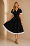 Women's Black Crepe Fabric Padded Double Breasted Collar Sleeves and Skirt with White Lace Detail Midi Evening Dress 77164 - 6