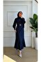 Navy Blue Stoned Belted Crepe Event Dress (Zipper Back) - 5