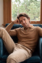 Men's Zippered Polo Neck Camel Sweater Knitwear Embossed Knit Solid Color Classic Fit - 5240F - 7