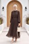Lined, Elastic Waist, Polka Dot Patterned Long Chiffon Dress -Brown - 4