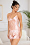 Powder Satin Lace Piece Spaghetti Strap Shorts Pajama Set - Soft Shiny D Textured Sleep & Home Wear - 2