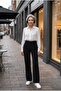 Quality Stretch Fabric, Original Stitching Button+Zipper Closure High Waist Black Palazzo Trousers - Side Bellows Elasticated
