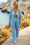 Italian Blue Shirt Collar 3/4 Sleeve Lined Embroidered Wide Leg Woven Beach Bottom-Top Set 80-105 68-65 - 2