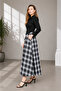 Women's Black and White Plaid Patterned High Waist Midi Skirt with Pockets - - 2