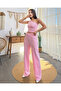 Women's Pink Striped One Shoulder Crop Pants Bottom Top Set - 4