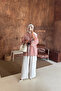 Lined Pastel Striped High Collar Hijab Tunic Oversize Casual Summer Women's Tunic with Gold Buckle Leather Belt as a Gift - 3