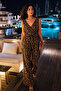 Women's Light Brown Ikosienna Jumpsuit Double Breasted Collar Shoulder Rubber Detailed Back V Belted ARM-24Y001049