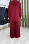 Seli̇n Takim Crystal Fabric Women's Burgundy Pocketed Zippered Trousers Tunic Bottom Top Relaxed Cut Two-Piece Set - 6