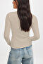 Women's Beige Long Sleeve Crew Neck T-Shirt Blouse Camisole Ribbed - 2