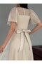 Beige Balloon Sleeve Belted Mesh Fabric Midi Evening Dress - 6