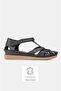 Women's Black Genuine Leather 35-41-42 Number Strapped Flat Wedge Heels Side Open Sandals