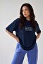 Women's Oversize Casual T-Shirt Crew Neck Mythical Pegasus Printed Navy Blue - 4