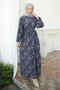 Navy Blue Balloon Sleeve Patterned Viscose Dress