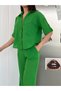Women's Single Pocket Detailed Short Sleeve Shirt-Pants Linen Set - 4