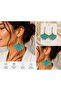 Turquoise Ginkgo Leaf Patterned Gold Earrings Women's Zarax Model Stylish Elegant Large Dangle Earrings