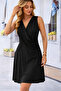 Women's Short Sleeve Double Breasted Collar Pleated Crepe Dress