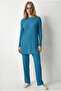 Women's Indigo Ribbed Knitted Top and Bottom Set Tkm-19000497 - 3