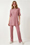 Women's Dusty Rose Ribbed Short Sleeve Top and Bottom Set Tkm-19000498 - 3