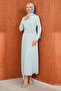 Baby Blue Draped Evening Dress with Waist Buckle - 3