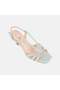 Women's Green Thin Striped Ankle Buckle Heeled Leather Sandals - 7