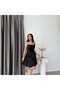 Black Draped Thin Strap Short Evening Dress with Tie Back - 2