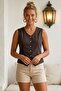 Brown V-Neck Buttoned Washable Casual Fitted Woven Vest with Handles 55 50 - 3