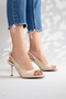 Women's Beige Crocodile Patterned 8 cm Goblet Heeled Sandals Shoes - 5