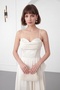 Women's Ecru Degaje Collar Strap Midi Satin Evening Dress - 3