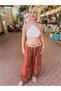 Brick Red Italian Linen Trousers with Arched Mesh Detail and Elastic Waist - 2