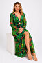 Women's Plus Size Green, Jersey Fabric, Sleeves Tulle, Front Detailed, Slit Dress 65N39509 - 7