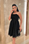 Stoned Tulle Fabric Mini Dress with Drawstring Detail - Black - 4