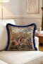 Medieval Castle Scene Tapestry Fringed Throw Pillow Cover Navy Blue Vintage Pillowcase with Tassels