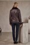 Shiny Genuine Leather and Fur Women's Coat with Horizontal Piping in Plum Color - 2