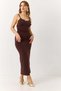 Women's Backless Guipure Detailed Draped Sandy Dress Brown - 3