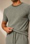 Men's Khaki White Striped Jacquard Shorts T-Shirt Set - 4