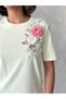 Women's Floral Embroidered Crew Neck Short Sleeve Cotton T-Shirt - 2