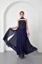 Women's Navy Blue Shawl Collar Beaded Long Chiffon Evening Dress