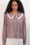 Women's Lace Collar Plaid Shirt 20387 - Burgundy - 4