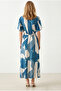 Women's Ecru Blue Buttoned Belted Maxi Viscose Shirt Dress Elb-19002382 - 5