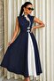 Women's Sleeveless Judge Collar Buttoned Long Crepe Dress with Drop Detail - 4