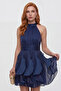 Women's Navy Blue Halter Neck Flounce Mini Homecoming Dress - 3