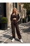 Women's Dark Brown Sports Set - Striped Detailed Crop Top, Oversized Jacket, and Elastic Lace-Up Pants - 2322