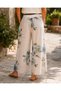 White Color Daisy Patterned Italian Linen Trousers with Belt Detail - 4