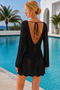 Women Front Back V Neck Long Spanish Sleeve Back Tie Cotton Black Mini Swimsuit Top Beach Dress - 2