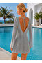 Women Front Back V Neck Long Spanish Sleeve Back Tie Cotton Gray Mini Swimsuit Top Beach Dress - 2