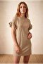 Women's Relaxed Fit Crew Neck Ruffle Detailed Short Sleeve Beige Modal / Cotton / Elastane Blend Mini Dress Paula