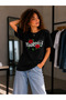 Love Yourself Written Red Rose Detail Printed Women's Black Basic T-Shirt - 2
