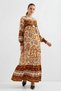 Women's Round Neck Gathered Waist Floral Patterned Viscose Tan Brown Dress - 2