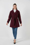 Women's Stand Collar Belted Cotton Claret Red Coat - 4